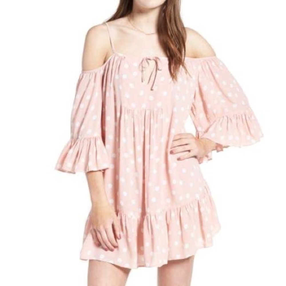 Tularosa Pink Polka Dot Cold Shoulder Ruffle Mini Dress Sz. M